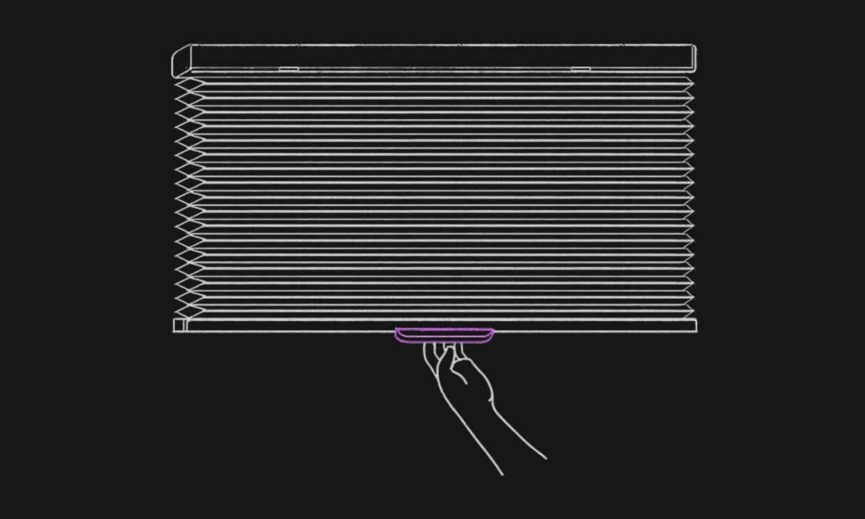 Drawn illustration of cordless window blinds, with a hand pulling on a handle. (Ibrahim Rayintakath for NBC News)