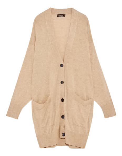 <p>Zara has introduced some highly covetable knits this season. Our favourite? We have our eyes on this fawn-hued cardie by the Spanish brand. <em><a rel="nofollow noopener" href="https://www.zara.com/uk/en/woman/knitwear/cardigans/oversized-cardigan-c498027p4731097.html" target="_blank" data-ylk="slk:Zara;elm:context_link;itc:0;sec:content-canvas" class="link ">Zara</a>, £19.99</em> </p>