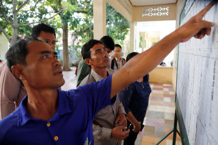 Voters look at a voters list before the start of a general election in Takhmao, Kandal province, Cambodia July 29, 2018. REUTERS/Darren Whiteside