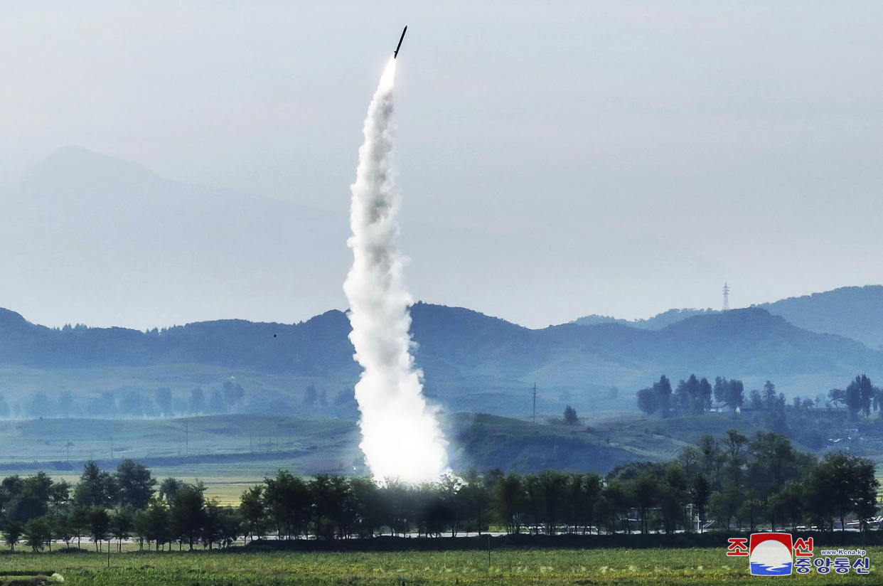 This photo provided by the North Korean government, shows what it says a launch of an improved strategic cruise missile at an undisclosed place in North Korea Wednesday, Sept. 18, 2024. Independent journalists were not given access to cover the event depicted in this image distributed by the North Korean government. The content of this image is as provided and cannot be independently verified. Korean language watermark on image as provided by source reads: "KCNA" which is the abbreviation for Korean Central News Agency. (Korean Central News Agency/Korea News Service via AP)