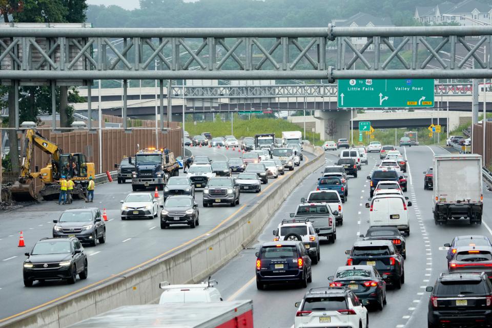 Traffic is shown on Route 3 between Grove Street and Valley Road, Tuesday, July 23, 2024, in Clifton. One lane of the east bound (left) is still closed, approximately 22 hours after an accident resulted in one death and the sound wall being breached.