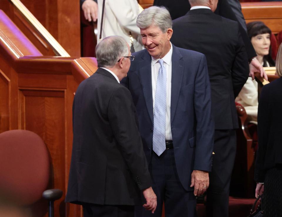 Elder Neil L. Andersen, of the Quorum of the Twelve Apostles, and Elder Gifford Nielsen, A General Authority Seventy, talk prior to the 193rd Semiannual General Conference of The Church of Jesus Christ of Latter-day Saints at the conference center in Salt Lake City on Sunday, Oct. 1, 2023. | Jeffrey D. Allred, Deseret News