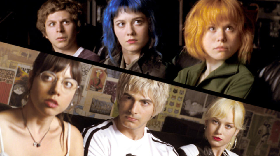 SCOTT PILGRIM VS. THE WORLD, top, from left: Michael Cera, Mary Elizabeth Winstead, Alison Pill, bottom, from left: Aubrey Plaza, Brandon Routh, Brie Larson, 2010. Ph: Double Negative/©Universal/courtesy Everett Collection