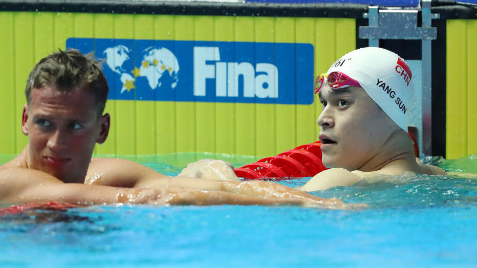 Sun Yang reacts after finishing sixth in the 800m freestyle final at the 2019 world swimming titles. Pic: Getty