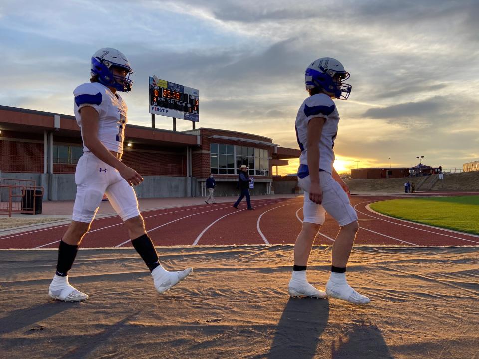Richland Springs football players walk onto the field before the Class 1A Division II state final against Balmorhea on Tuesday, Jan. 5, 2021, at San Angelo Stadium.