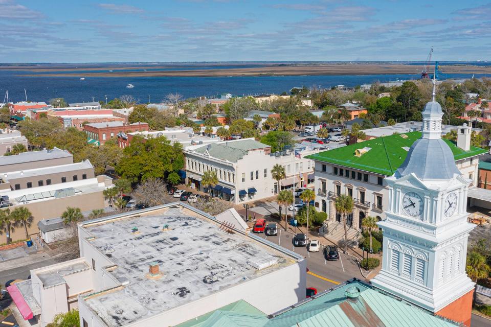 Downtown aerial of city hall on Fernandina Beach, Florida near Jacksonville.