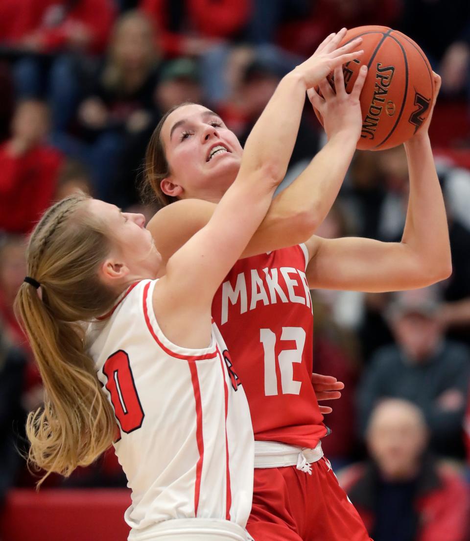 Neenah's Kayla White, left, defends against Kimberly's Kate McGinnis during their girls basketball game Dec. 1 in Neenah.