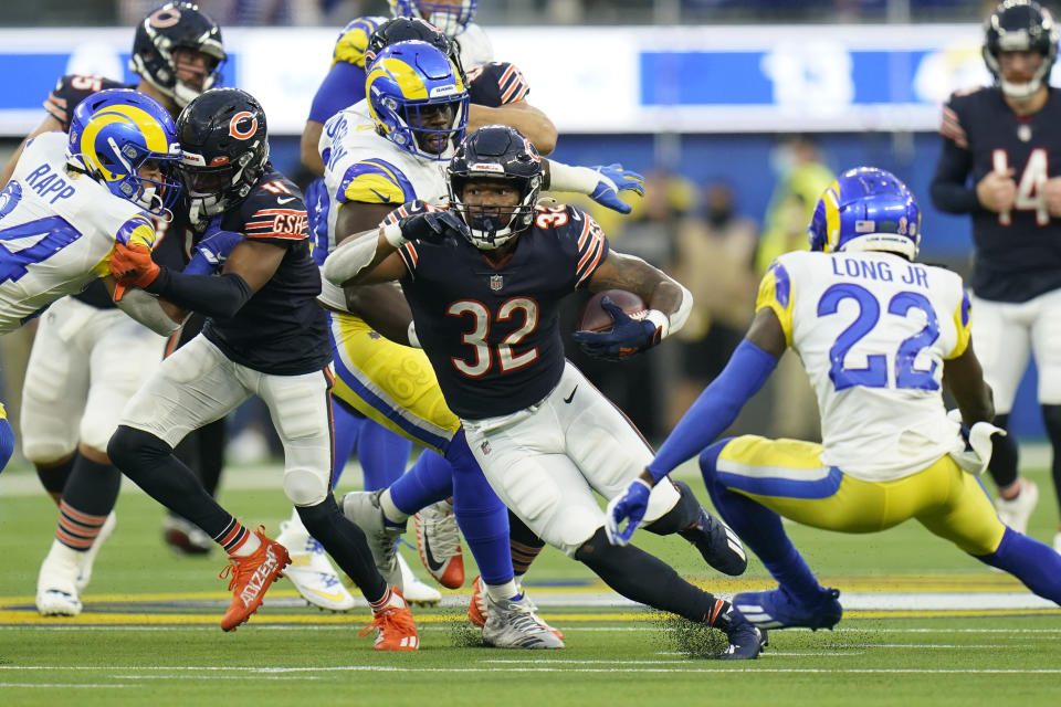 Chicago Bears running back David Montgomery (32) runs with the ball during the first half of an NFL football game against the Los Angeles Rams, Sunday, Sept. 12, 2021, in Inglewood, Calif. (AP Photo/Jae C. Hong)