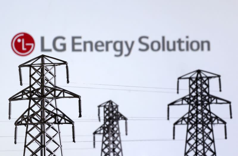 Illustration shows Electric power transmission pylon miniatures and LG Energy Solution logo