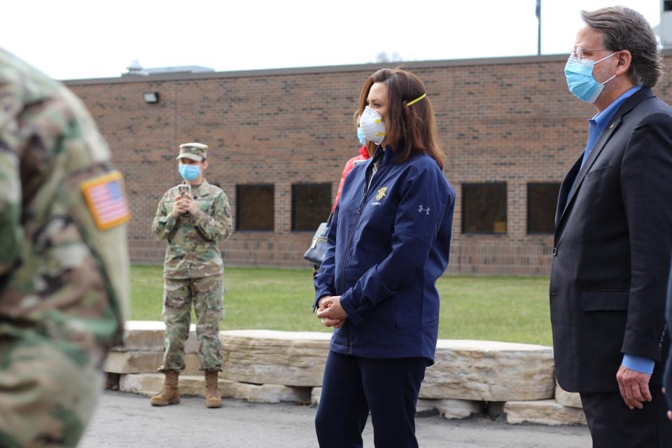 Governor Whitmer greets the National Guard on April 22, 2020.