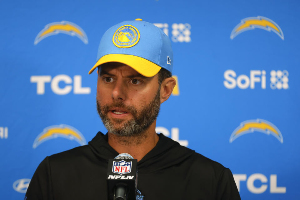 Los Angeles Chargers head coach Brandon Staley speaks during a news conference after an NFL football game against the Minnesota Vikings, Sunday, Sept. 24, 2023, in Minneapolis. The Chargers won 28-24. (AP Photo/Bruce Kluckhohn)