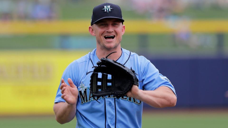 Mandatory Credit: Photo by Elaine Thompson/AP/Shutterstock (10579278u)Seattle Mariners' Kyle Seager smiles before a spring training baseball game against the Los Angeles Angels, in Peoria, ArizAngels Mariners Spring Baseball, Peoria, USA - 10 Mar 2020.