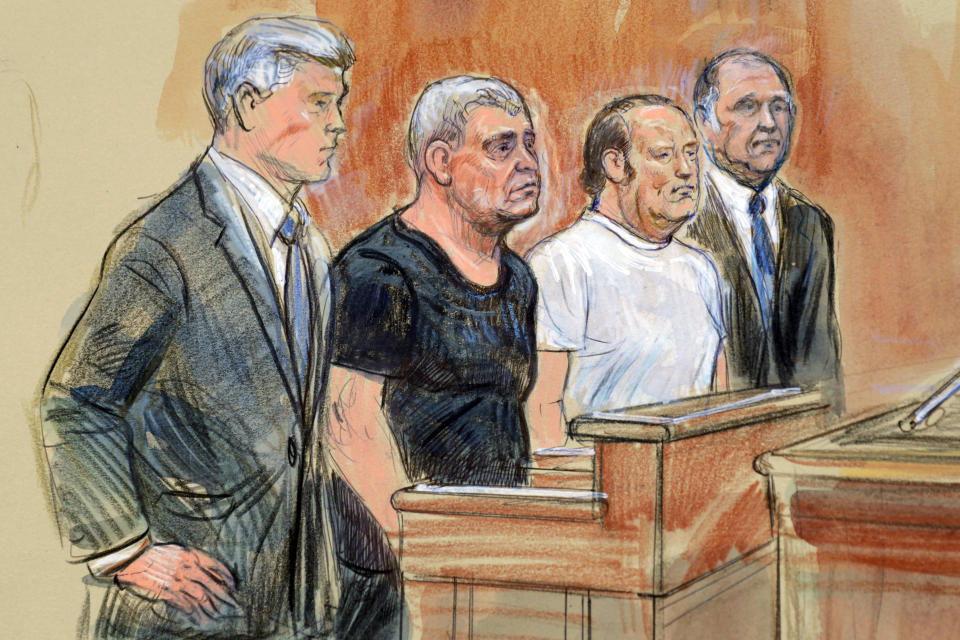 This courtroom sketch depicts from left, attorney Kevin Downing, Lev Parnas, Igor Fruman, and attorney Thomas Zehnle standing before U.S. Judge Michael Nachmanoff, at federal courthouse in Alexandria, Va., Thursday, Oct. 10, 2019. Parnas and Fruman, two Florida businessmen tied to President Donald Trump's lawyer and the Ukraine investigation, were charged with federal campaign finance violations. The charges relate to a $325,000 donation to a group supporting President Donald Trump's reelection. (Dana Verkouteren via AP)