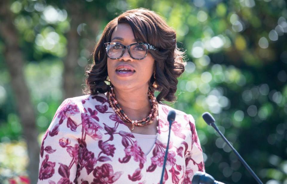 North Carolina Secretary of Commerce Machelle Baker Sanders speaks during a press conference on Sept. 27, 2021. Julia Wall/jwall@newsobserver.com