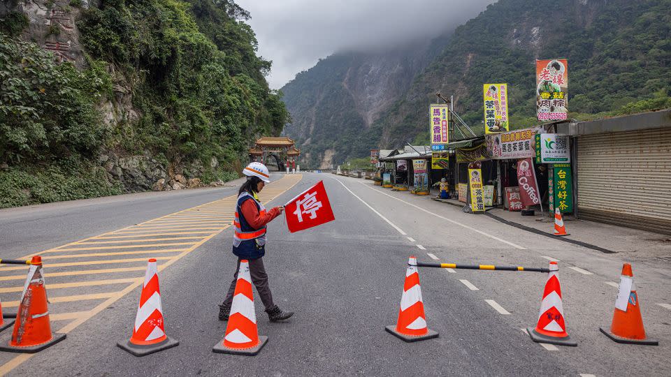 A checkpoint is set up outside Taroko Gorge just north of Hualien city in Taiwan. - Annabelle Chih/Getty Images AsiaPac/Getty Images