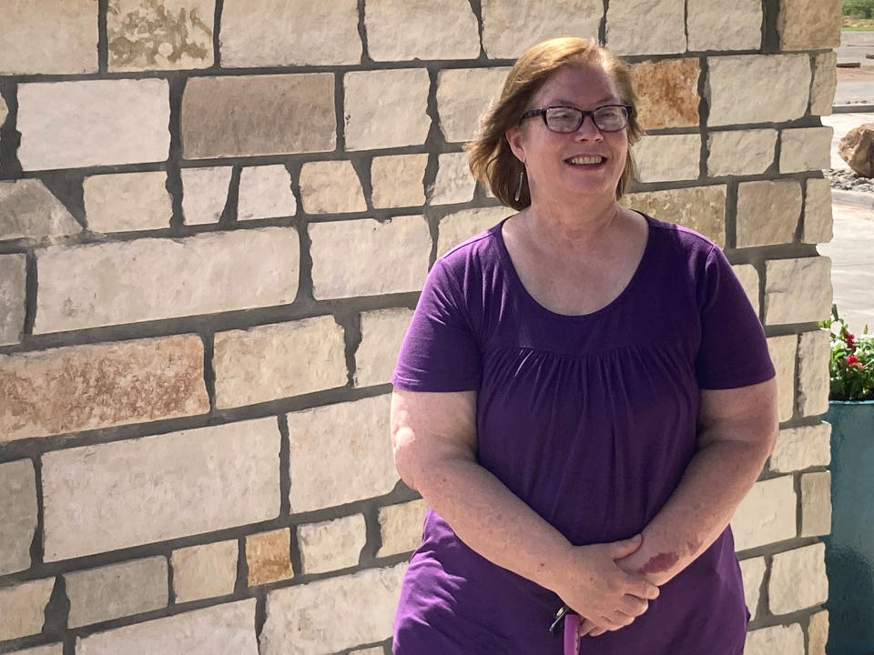 Van Horn, Texas, Mayor Becky Brewster poses for a photo on Saturday, July 17, 2021, in Van Horn, Texas, just days before Blue Origin plans to launch a manned spacecraft from its spaceport about 25 miles outside of the West Texas town. (AP Photo/Sean Murphy)