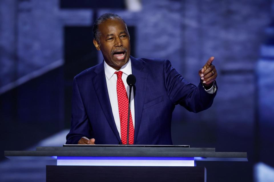 PHOTO: Former Housing and Urban Development Secretary Dr. Ben Carson speaks on stage on the second day of the Republican National Convention, July 16, 2024, in Milwaukee. (Chip Somodevilla/Getty Images)