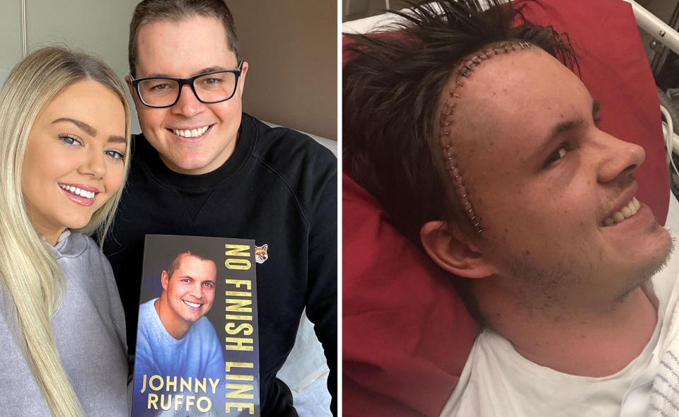 L: Selfie of Johnny Ruffo and his girlfriend holding his brand new book. R: Johnny Ruffo smiles from the hospital bed after surgery