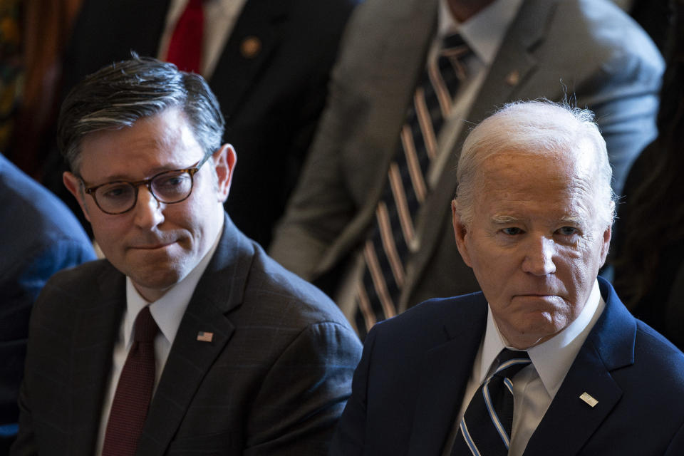 President Biden and House Speaker Mike Johnson during the National Prayer Breakfast at the Capitol on Thursday, Feb. 1, 2024.  / Credit: Al Drago/Bloomberg via Getty Images