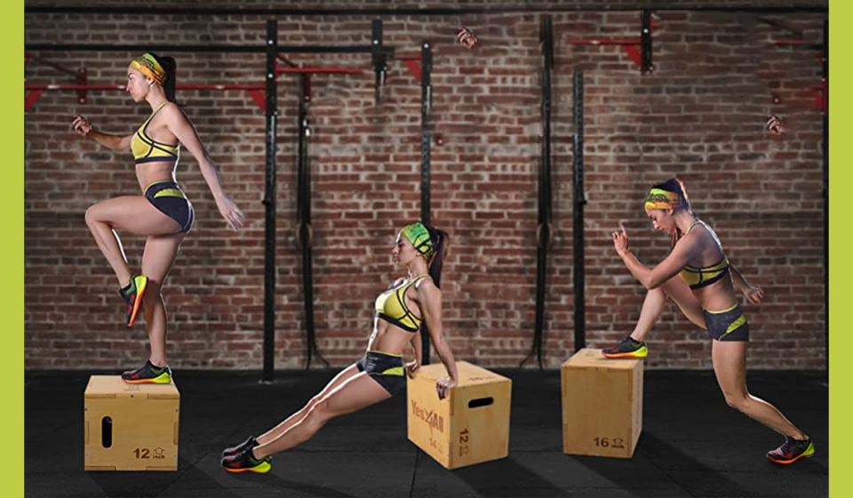 Woman exercising three ways on Yes4All plyo box.