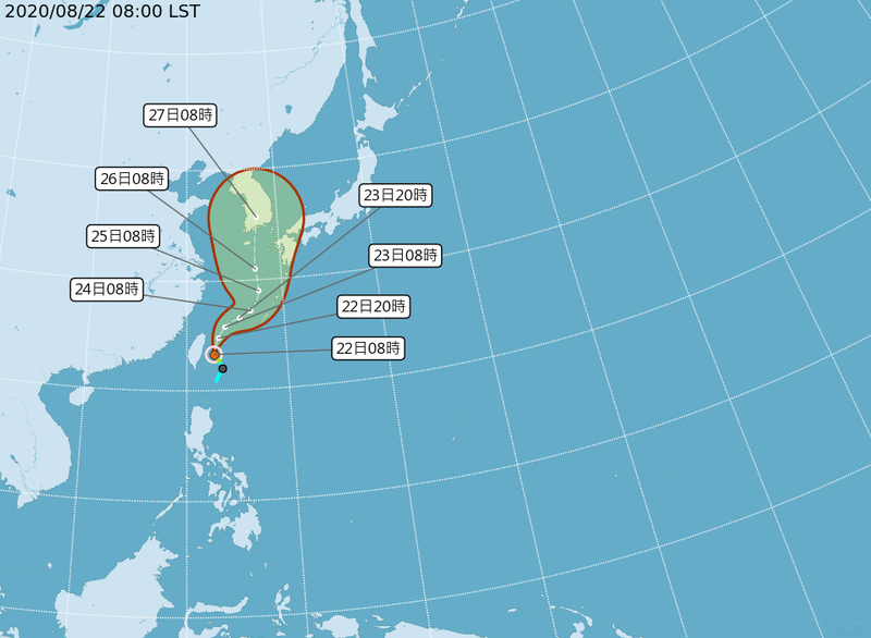 第8號颱風巴威正式生成，台灣將受到外圍環流影響。（翻攝自中央氣象局）