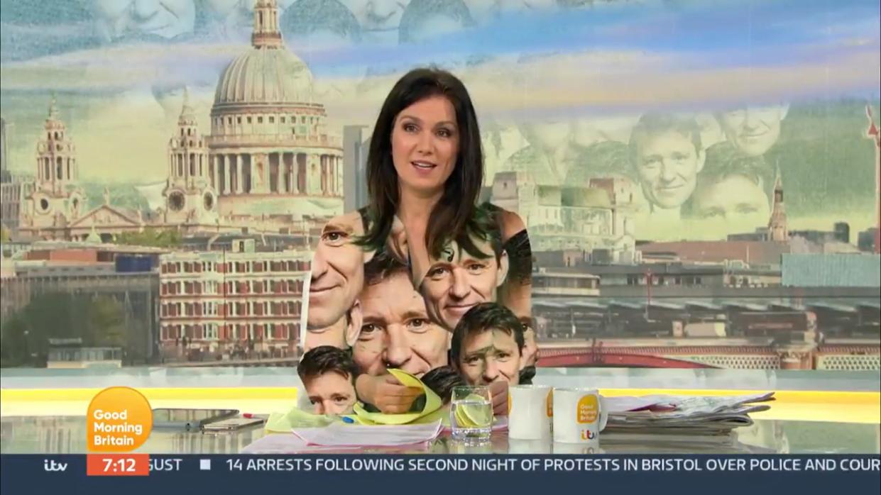 Susanna Reid's green dress had Ben Shephard's face projected onto it by the GMB team. (ITV)