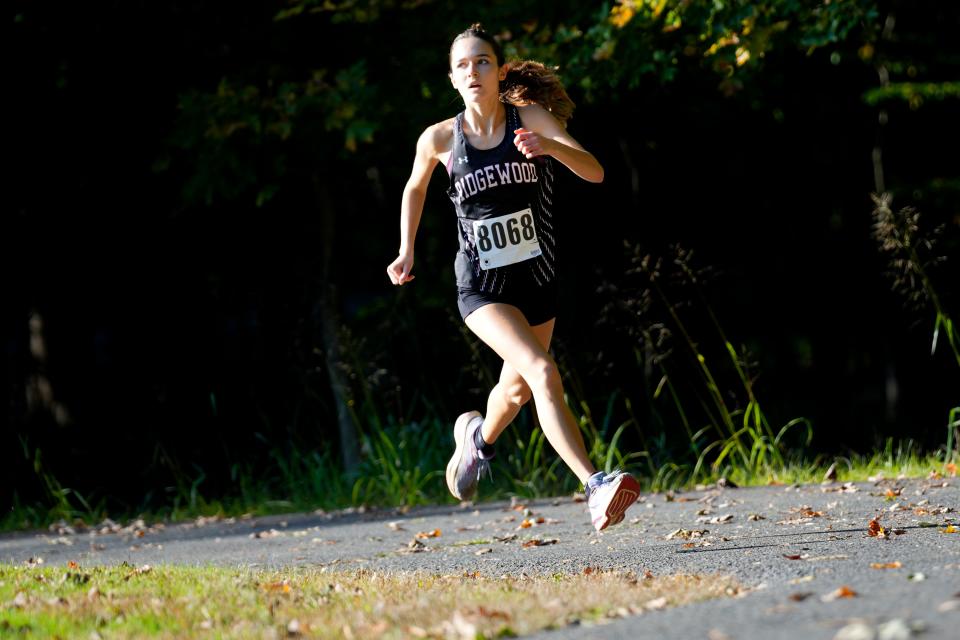 Cellina Rabolli, of Ridgewood, is shown on her way to winning the Big North Freedom Cross Country Championships, in Mahwah, Monday, October 2, 2023.