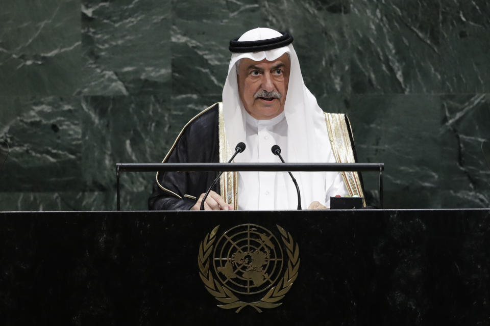 Saudi Foreign Minister Ibrahim Bin Abdulaziz Al-Assaf addresses the 74th session of the United Nations General Assembly, Thursday, Sept. 26, 2019, at the United Nations headquarters. (AP Photo/Frank Franklin II)
