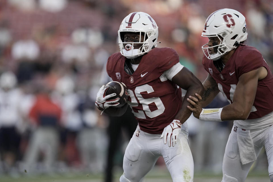 Stanford running back Sedrick Irvin (26) runs for a touchdown against Arizona during the second half of an NCAA college football game Saturday, Sept. 23, 2023, in Stanford, Calif. (AP Photo/Godofredo A. Vásquez)