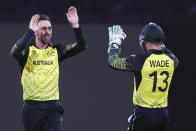 Australia's Glenn Maxwell, left, is congratulated by teammate Matthew Wade after taking the wicket of Ireland's Harry Tector during the T20 World Cup cricket match between Australia and Ireland, in Brisbane Australia, Monday, Oct. 31, 2022. (AP Photo/Tertius Pickard)