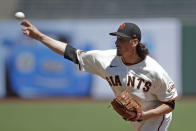 San Francisco Giants pitcher Jeff Samardzija works against the Texas Rangers in the first inning of a baseball game Sunday, Aug. 2, 2020, in San Francisco. (AP Photo/Ben Margot)