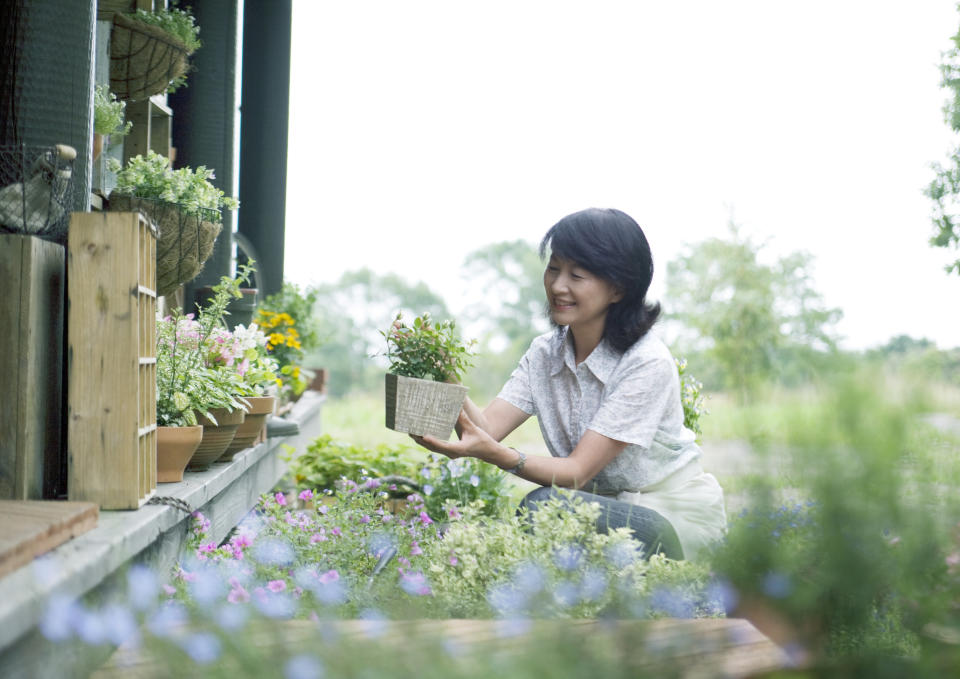 A woman, unidentified, arranges potted flowers on a porch, smiling contentedly while surrounded by blooming plants