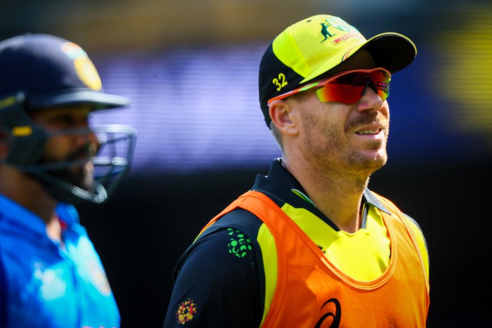 David Warner (pictured right) looks on during Australia's T20 match against India.