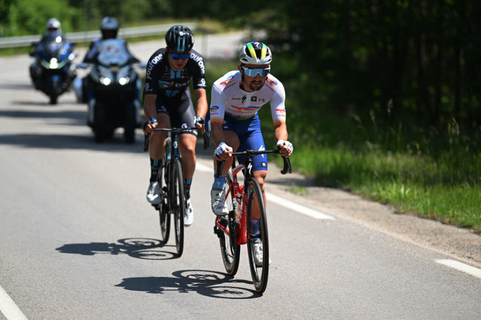 LE COTEAU FRANCE  JUNE 06 LR Lorenzo Milesi of Italy and Team DSM and Mathieu Burgaudeau of France and Team TotalEnergiescompete in the breakaway during the 75th Criterium du Dauphine 2023 Stage 3 a 1941km stage from MonistrolsurLoire to Le Coteau  UCIWT  on June 06 2023 in Le Coteau France Photo by Dario BelingheriGetty Images