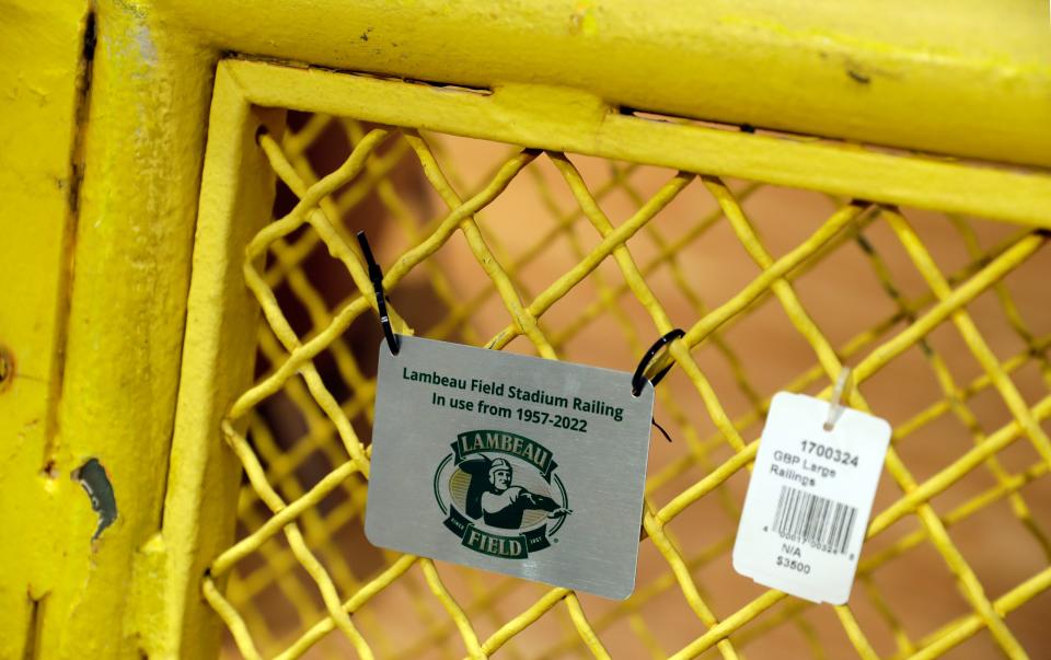 A piece of the stadium railing used inside Lambeau Field from 1957 to 2022 for sale in the Packers Pro Shop on Jan. 17, 2023, in Green Bay, Wis.