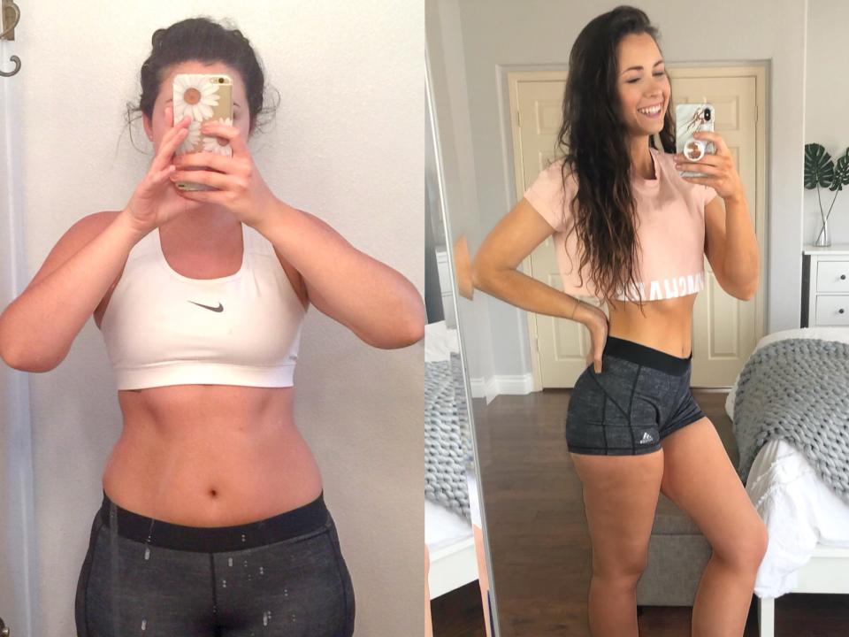 A composite image of before and after mirror selfies of a woman in activewear.