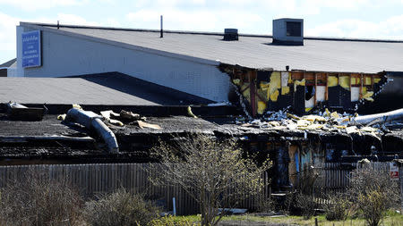 Parts of the Imam Ali mosque in Jarfalla north of Stockholm, Sweden has been destroyed in a fire during the night of May 1, 2017. Anders Wiklund/TT News Agency via Reuters