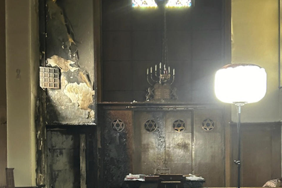 A view of the synagogue in Rouen where a man armed with a knife and a metal bar is suspected of having set fire, Friday, May 17, 2024. French police have shot and killed a man armed with a knife and a metal bar who is suspected of having set fire to a synagogue in the Normandy city of Rouen. French police said officers were alerted early Friday morning that smoke was rising from the synagogue and came face to face with the man when they got there. (AP Photo)