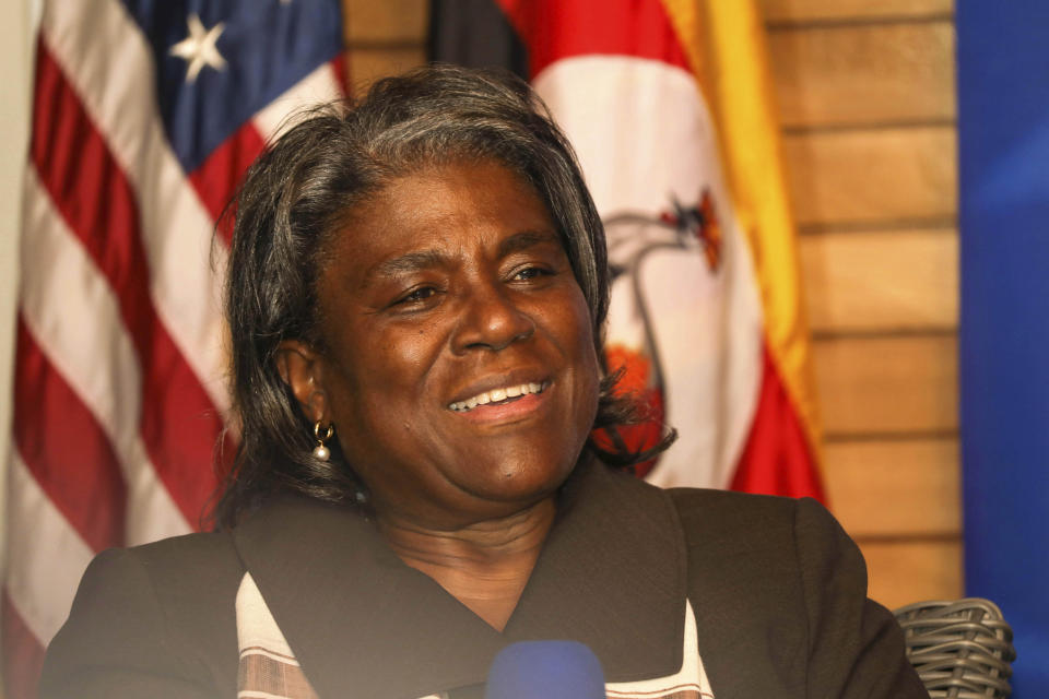 U.S. Ambassador to the United Nations Linda Thomas-Greenfield speaks to the media at the residence of the U.S. Ambassador to Uganda, in the capital Kampala, Uganda Thursday, Aug. 4, 2022. . (AP Photo/Hajarah Nalwadda)