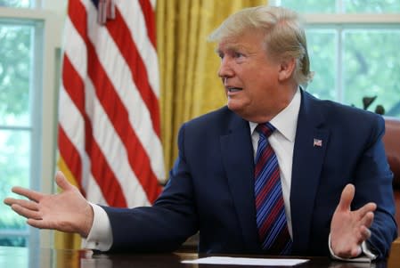 U.S. President Trump speaks in the Oval Office at the White House in Washington