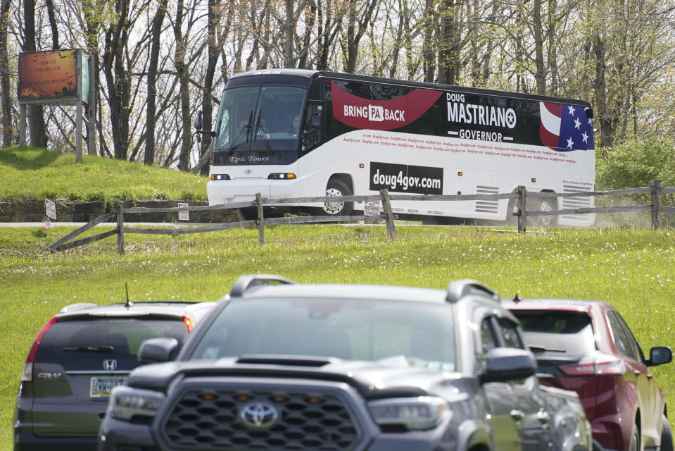 The bus carrying Pennsylvania state Sen. Doug Mastriano, R-Franklin, a Republican running for Governor of Pennsylvania, arrives at a campaign stop Tuesday, May 10, 2022, in Portersville, Pa. Republicans are openly worrying that Mastriano, a leading candidate in the crowded GOP field in the race, is unelectable in the fall general election and will fumble away an opportunity for the party to take over the battleground state's executive suite. (AP Photo/Keith Srakocic)