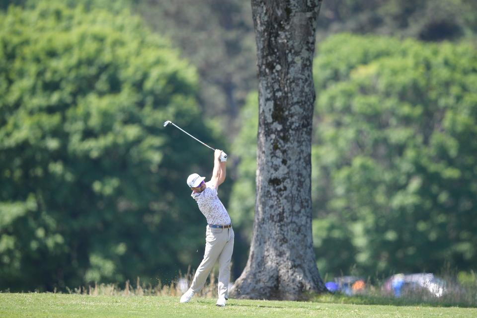 David Holmes, of Knoxville, swings down the fairway on Hole 18 during the first round of the PGA Korn Ferry Tour Visit Knoxville Open at Holston Hills Country Club in Knoxville, Tenn. on Thursday, May 12, 2022.