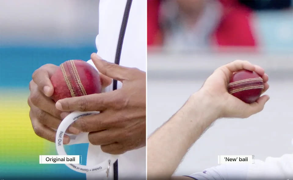 The replacement ball appeared to be a lot newer than the old one. Image: Channel 9
