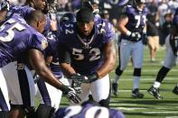 BALTIMORE - SEPTEMBER 16: Linebacker Ray Lewis #52 of the Baltimore Ravens fires up his teammates against the New York Jets at M&T Bank Stadium in Baltimore, Maryland. The Ravens won 20-13. (Photo by Al Pereira/Getty Images)