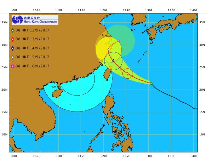熱帶氣旋泰利的預測路徑（來源：香港天文台）