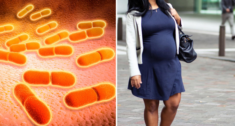 Left, listeria bacteria can be seen under microscope. Right, a pregnant woman walks the street.