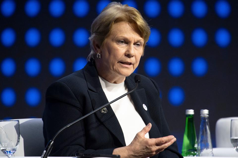 Occidental CEO Vicki Hollub speaks at the panel dicscussion during the Abu Dhabi International Petroleum Exhibition and Conference held at ADNEC Exhibition Center on October 2, 2023. (Photo by Ryan LIM / AFP) (Photo by RYAN LIM/AFP via Getty Images)