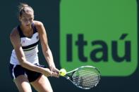 Mar 28, 2017; Miami, FL, USA; Karoilina Pliskova of the Czech Republic hits a backhand against Mirjana Lucic-Baroni of Croatia (not pictured) on day eight of the 2017 Miami Open at Crandon Park Tennis Center. Pliskova won 6-3, 6-4. Mandatory Credit: Geoff Burke-USA TODAY Sports