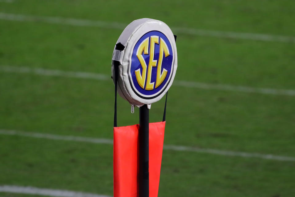 OXFORD, MS - NOVEMBER 14:  The SEC logo is displayed on a yard marker during the game between the Ole Miss Rebels and the South Carolina Gamecocks on November 14, 2020, at Vaught-Hemingway Stadium in Oxford, MS.  (Photo by Michael Wade/Icon Sportswire via Getty Images)