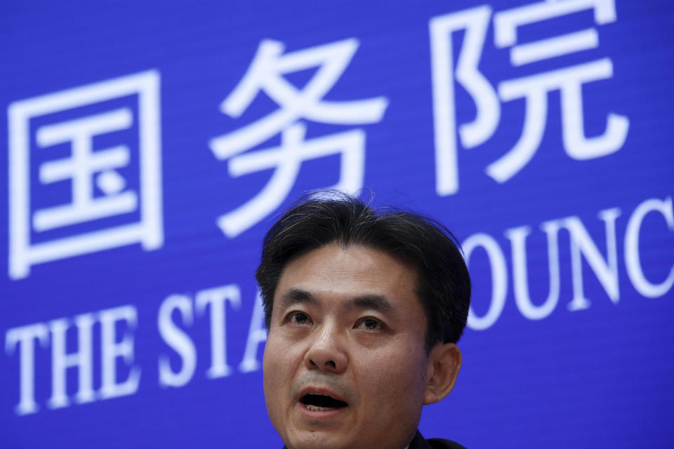 Yang Guang, spokesman of the Hong Kong and Macau Affairs Office of the State Council, speaks during a press conference about the ongoing protests in Hong Kong, at the State Council Information Office in Beijing, Monday, July 29, 2019. Yang said some Western politicians are stirring unrest in Hong Kong in hopes of creating difficulties that will impede China’s overall development. (AP Photo/Andy Wong)
